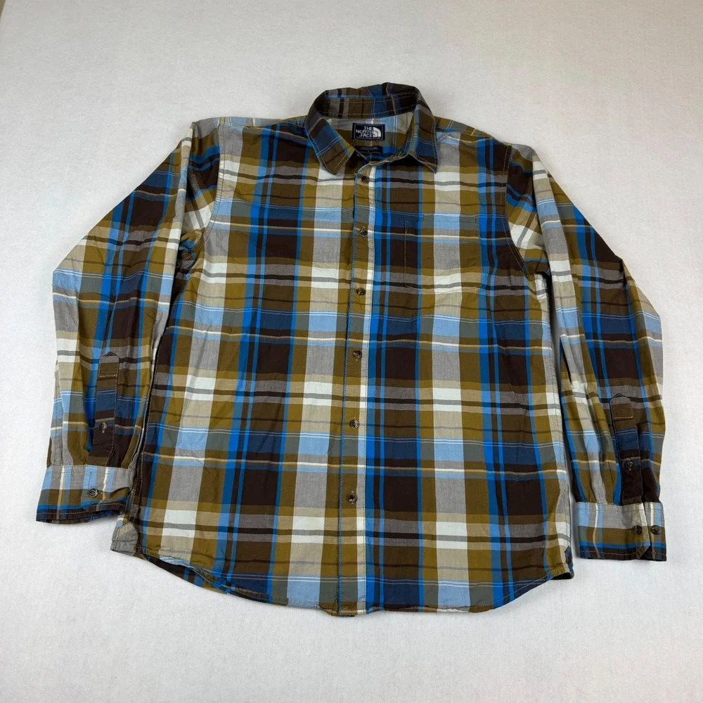 The North Face Mens Plaid Long Sleeve Button Up Shirt Blue Brown Large